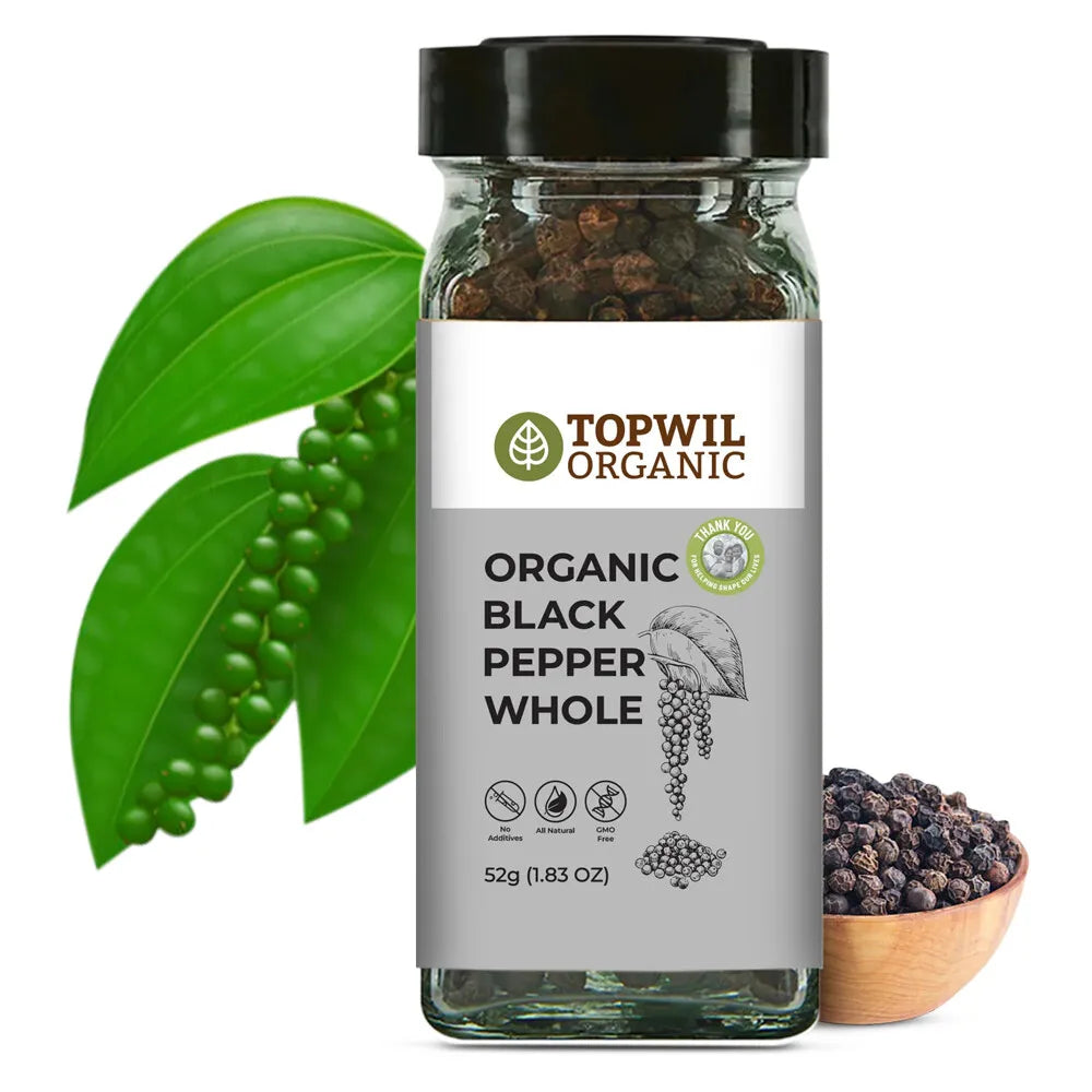 Topwil Certified Organic Black Pepper Whole 52g, For All Your Cooking Needs
