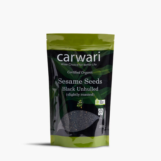 Carwari Certified Organic Black Unhulled Sesame Seeds 200g, Slightly Roasted