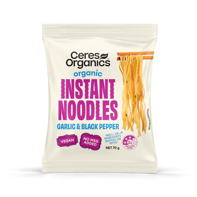 Ceres Organics Certified Organic Instant Noodles Garlic & Black Pepper Flavour Single 70g Or A Box Of 12, NO Added MSG