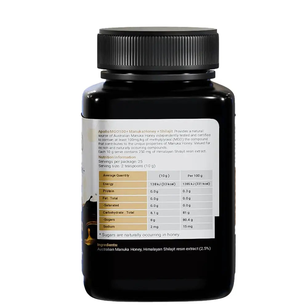 Apollo Australian Manuka Honey MGO 100+ With Himalayan Shilajit 250g, 25 Servings Per Jar