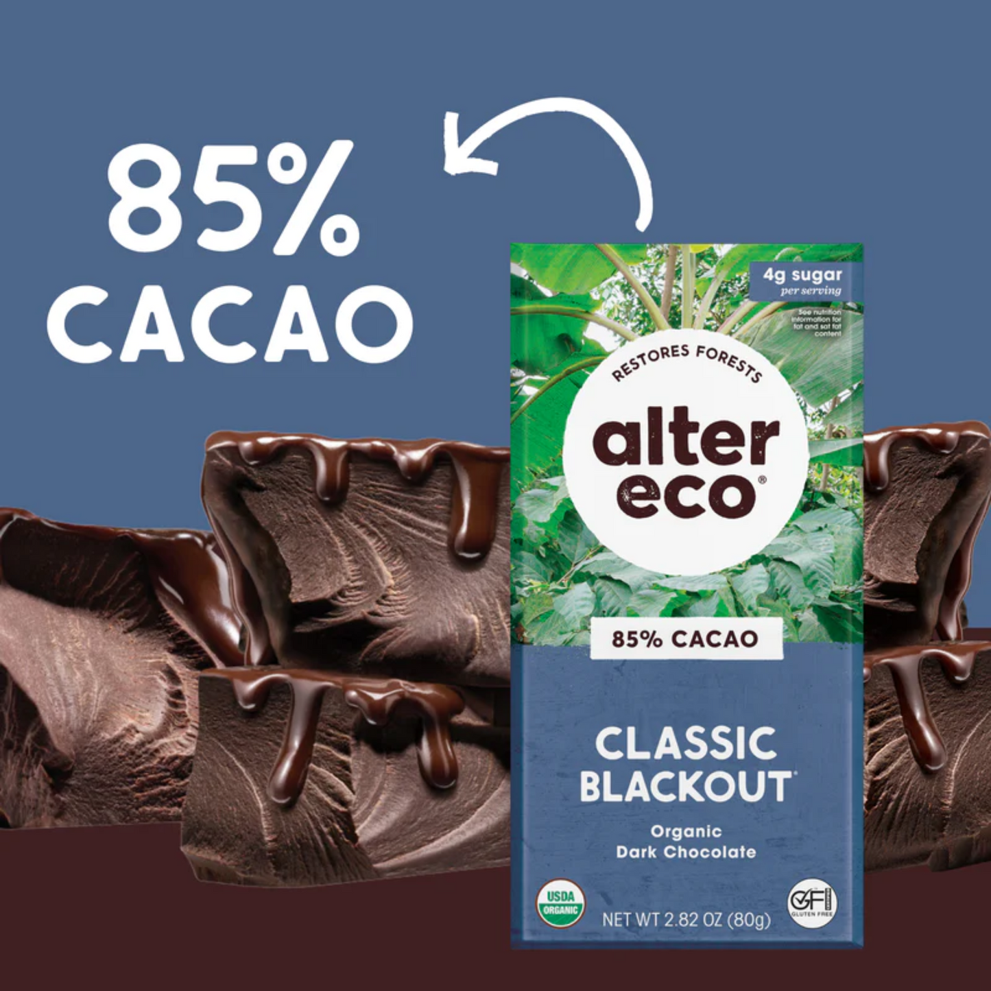 Alter Eco Chocolate 80g, Classic Blackout Flavour 85% Cacao, Certified Organic