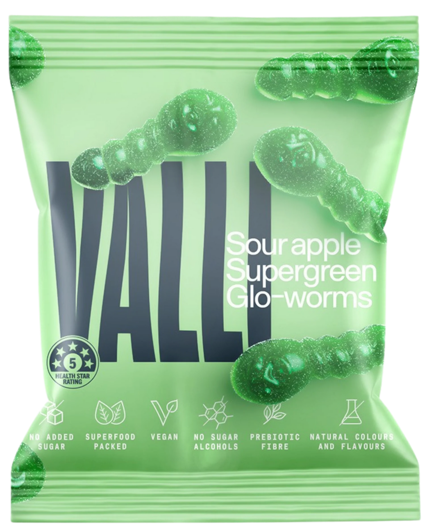 Valli Antioxidant Sour Apple Supergreen Glo-Worms 50g, With Prebiotic Fibre & No Added Sugar