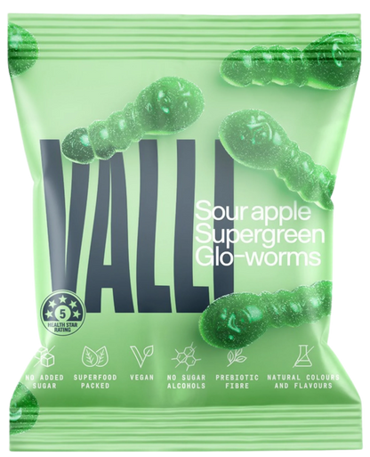 Valli Antioxidant Sour Apple Supergreen Glo-Worms 50g, With Prebiotic Fibre & No Added Sugar