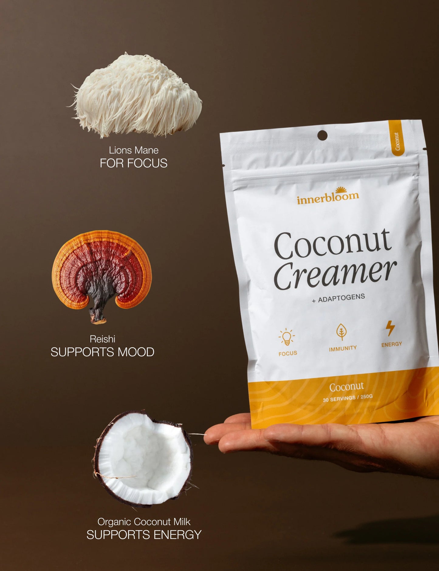 Innerbloom Coconut Creamer + Adaptogens 250g, Sweet & Creamy To  Elevate Your Coffee Experience Coconut Flavour