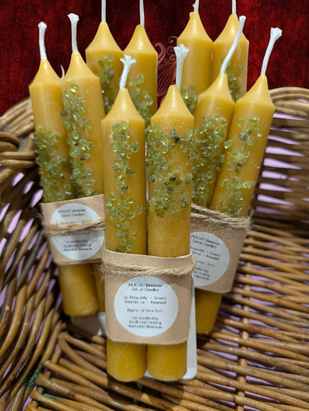 Soulforest Healing Peridot Beeswax Dinner Candle Pair 6 Hour Burn, Prosperity & Abundance