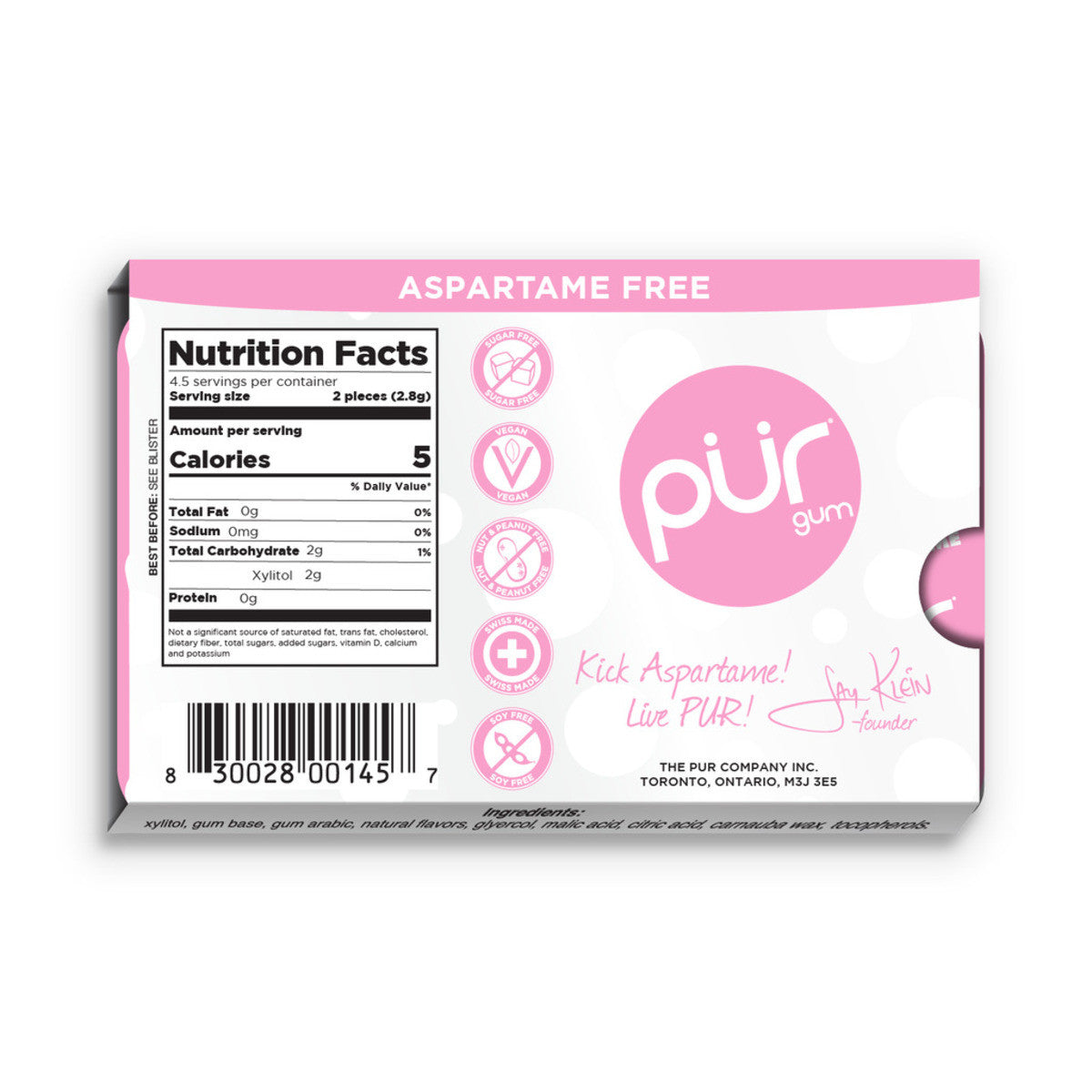 PUR Bubblegum Gum Single Pack {9 Pieces} Or A Box Of 12, Aspartame Free & Gluten Free {Blister Pack}