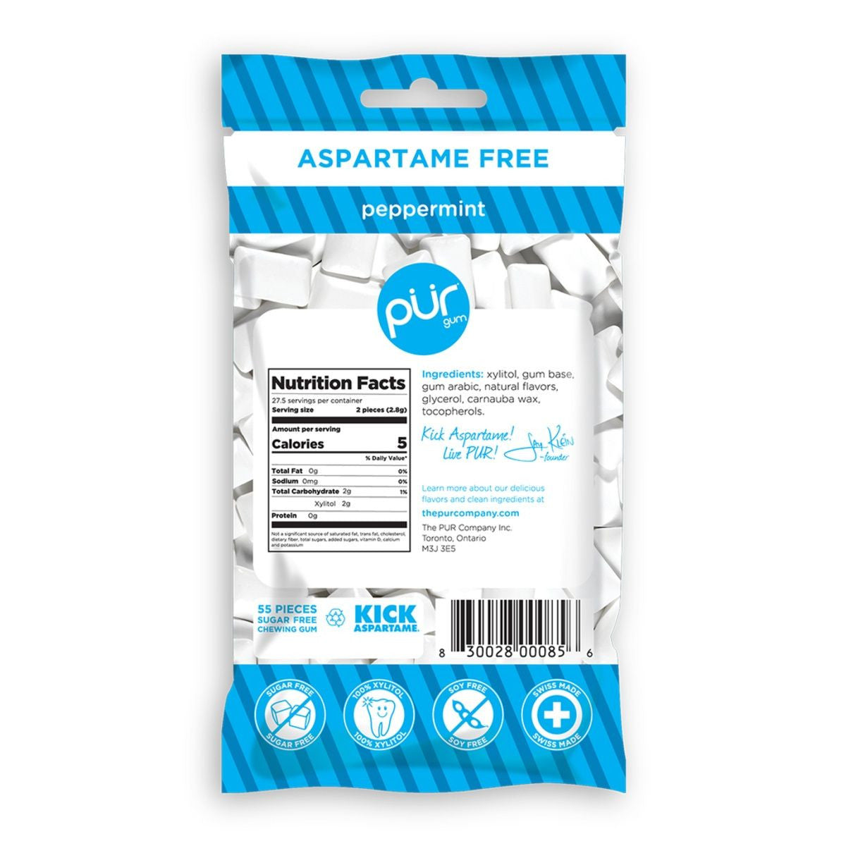 PUR Peppermint Gum Single Bag 77g Or A Box Of 12, Aspartame Free & Gluten Free {Resealable Bag}