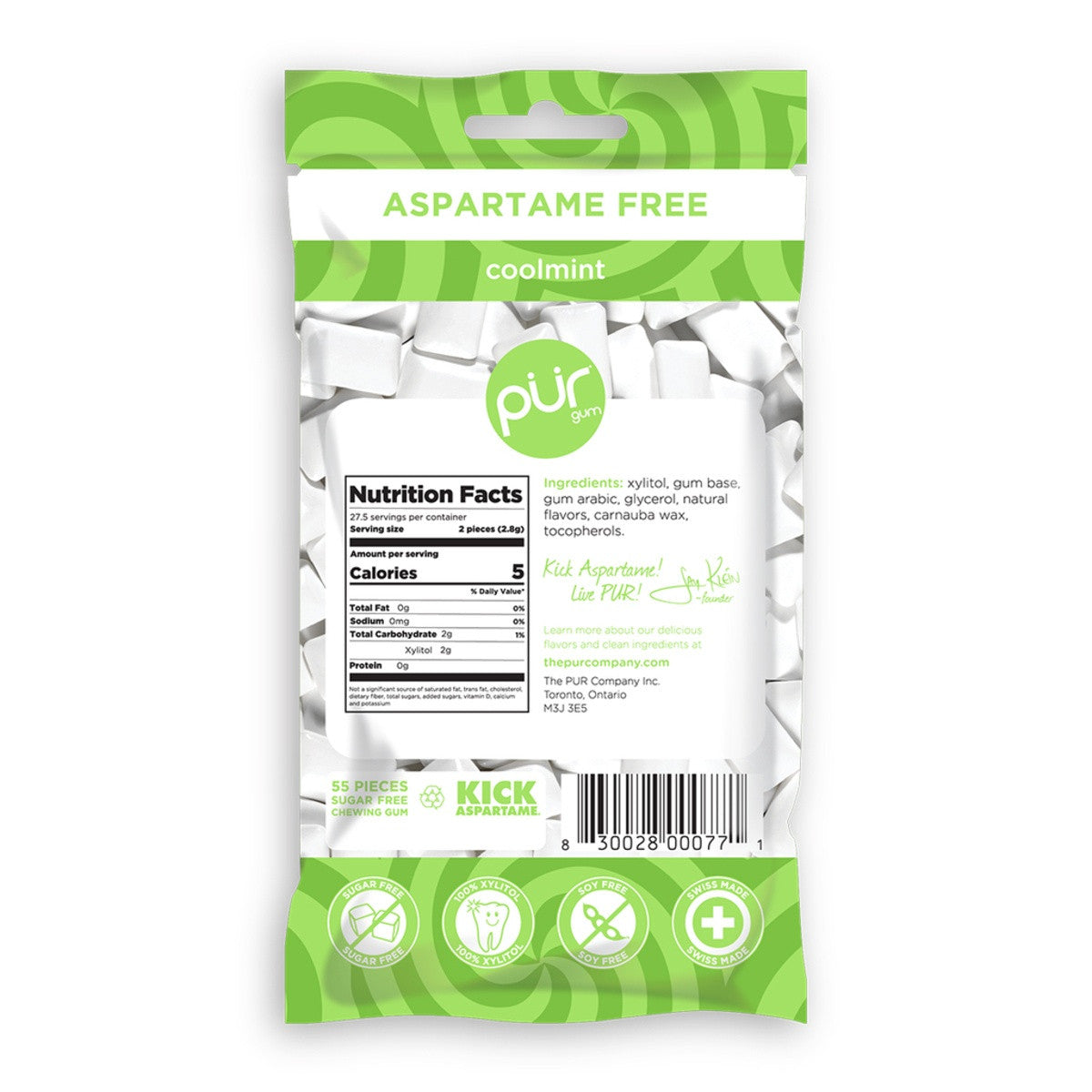 PUR Cool Mint Gum Single Bag 77g Or A Box Of 12, Aspartame Free & Gluten Free {Resealable Bag}