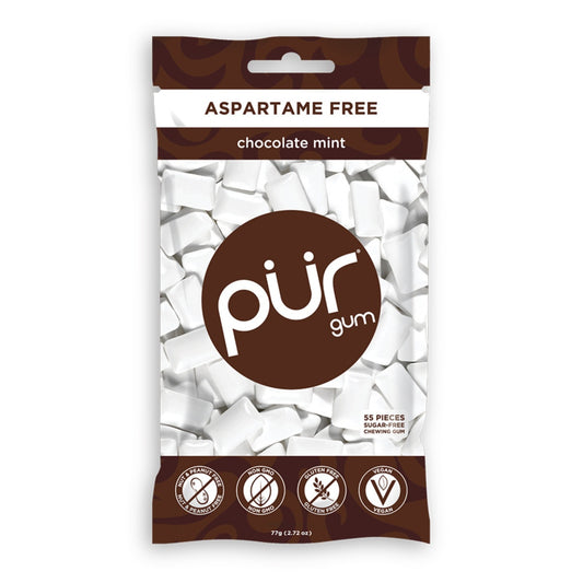 PUR Chocolate Mint Gum Single Bag 77g Or A Box Of 12, Aspartame Free & Gluten Free {Resealable Bag}