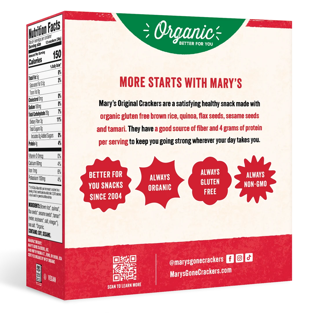 Mary's Gone Crackers Organic Crackers Original Flavour 113g, With Sesame Seeds & Brown Rice