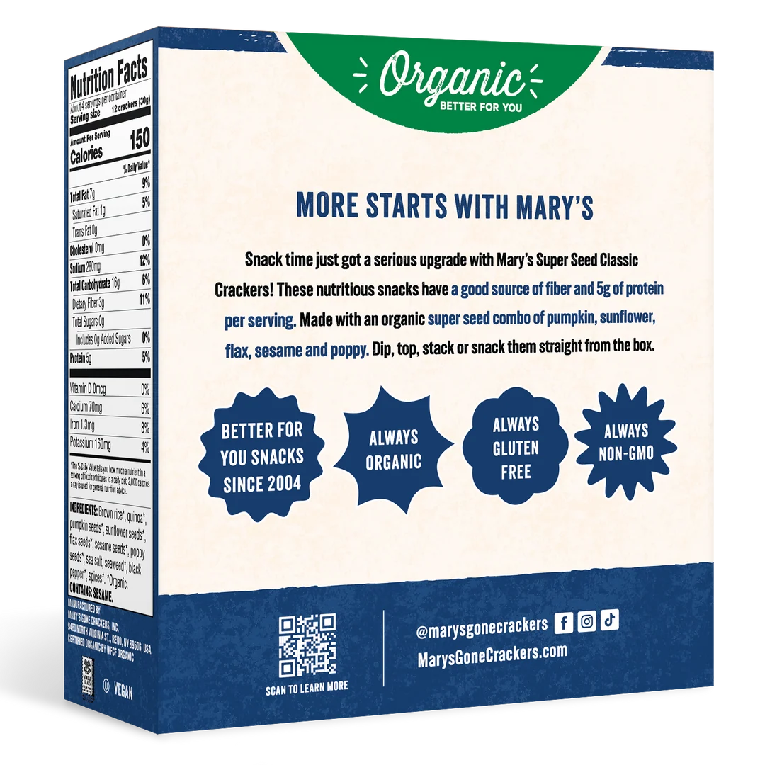 Mary's Gone Crackers Organic Crackers Super Seed Classic 113g, With Sunflower & Pumpkin Seeds
