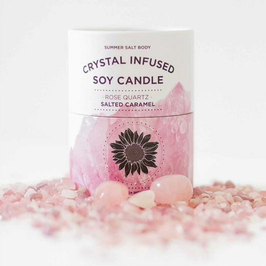 Summer Salt Body Crystal Infused Soy Candle, Rose Quartz X Salted Caramel Fragrance