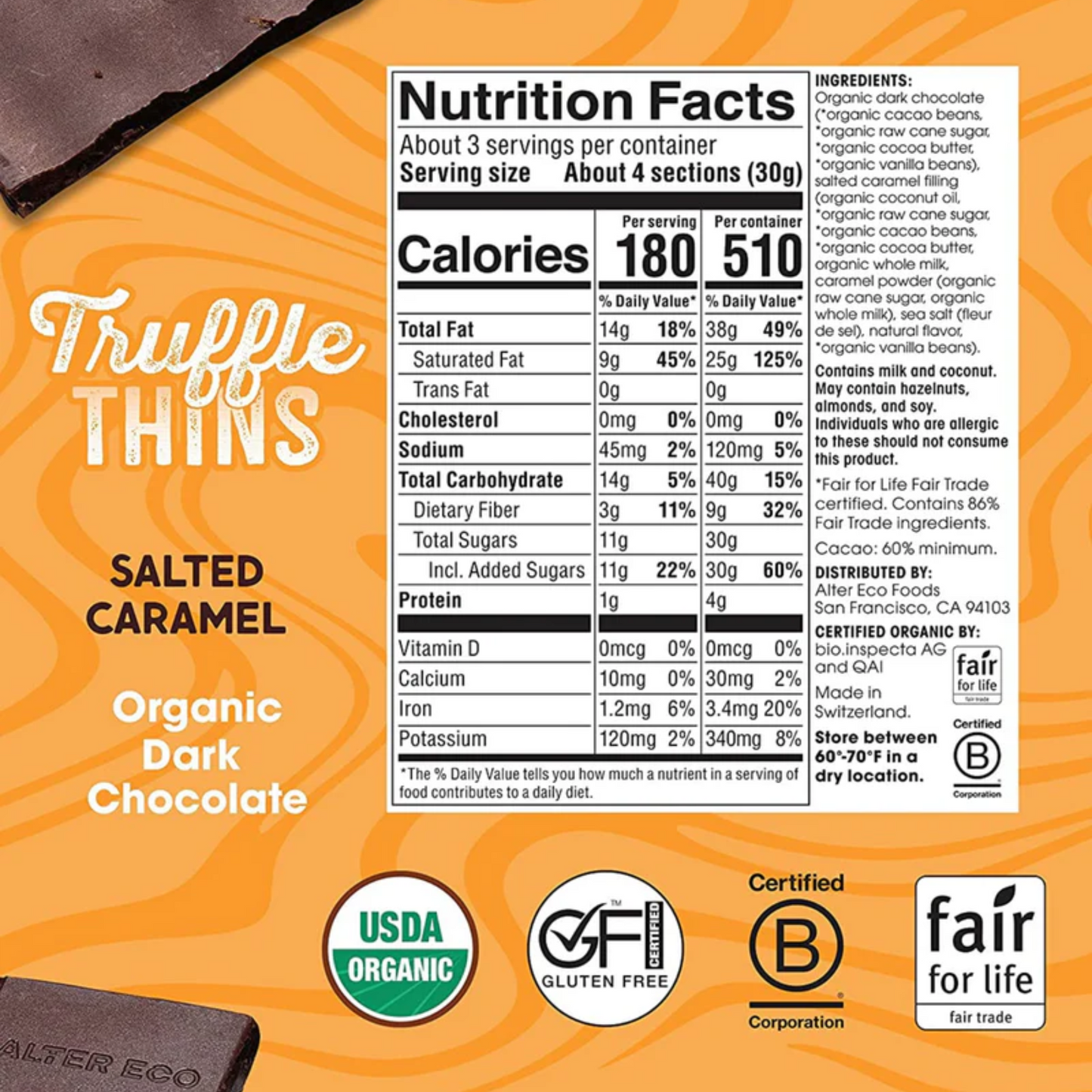 Alter Eco Dark Chocolate Truffle Thins 84g, Salted Caramel Flavour Australian Certified Organic