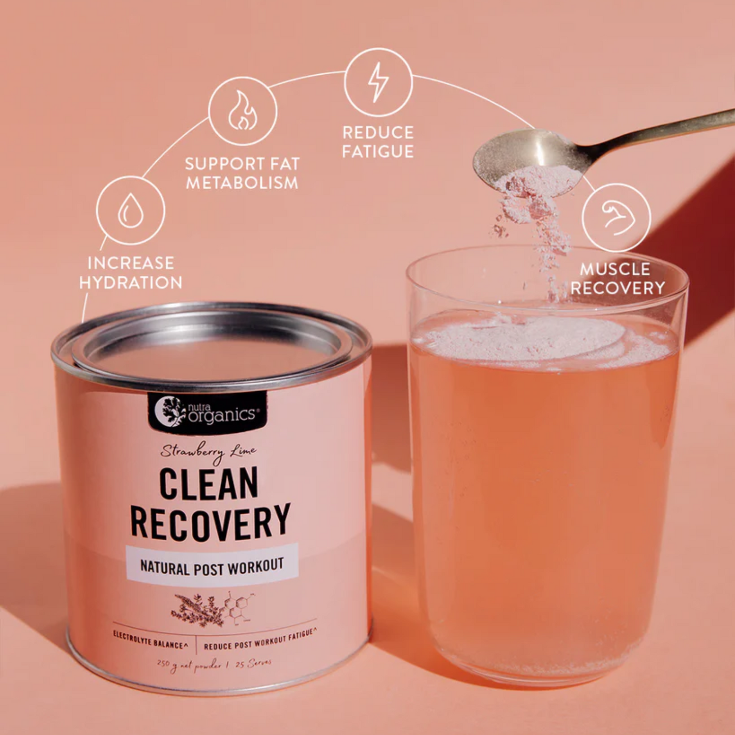 Nutra Organics Clean Recovery 250g, Natural Post-Workout Strawberry Lime Flavour