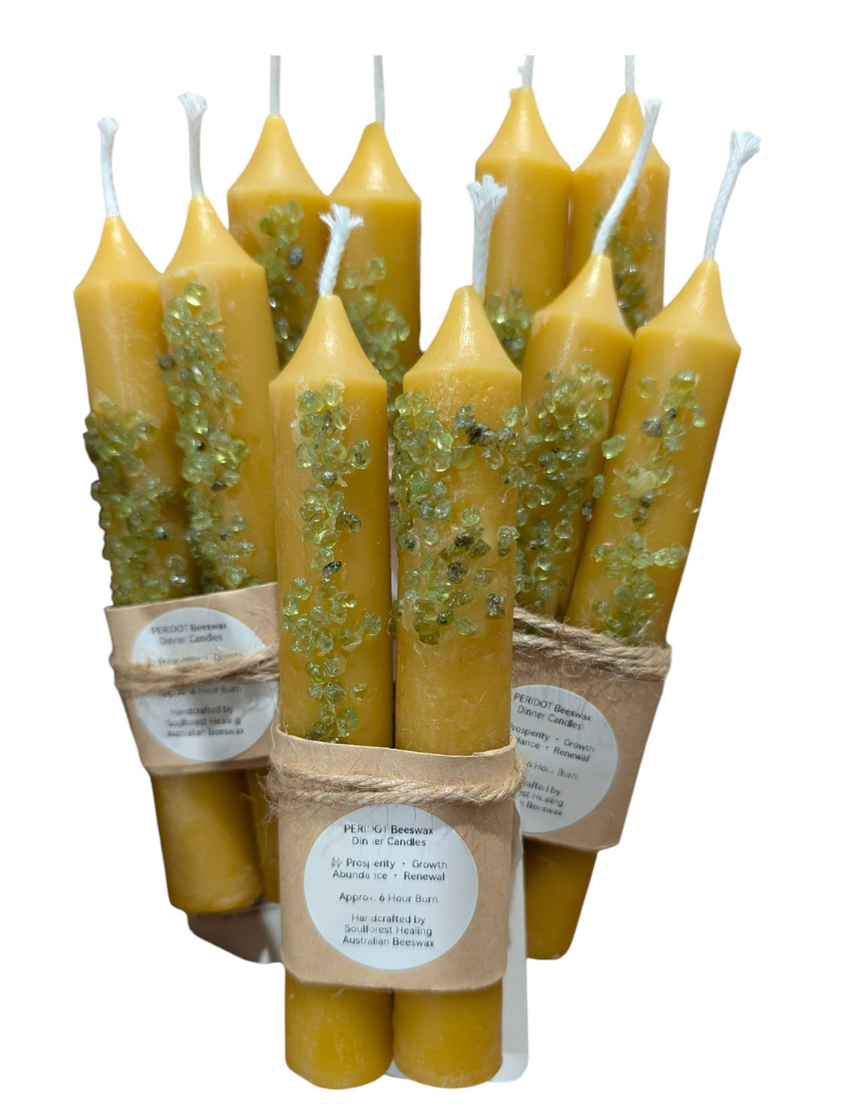 Soulforest Healing Peridot Beeswax Dinner Candle Pair 6 Hour Burn, Prosperity & Abundance