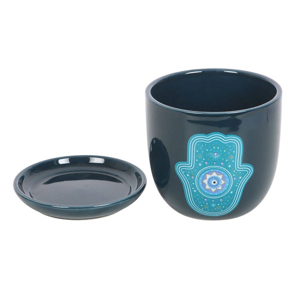 Blue Hand Of Hamsa Ceramic Plant Pot, For A Touch Of Spirituality