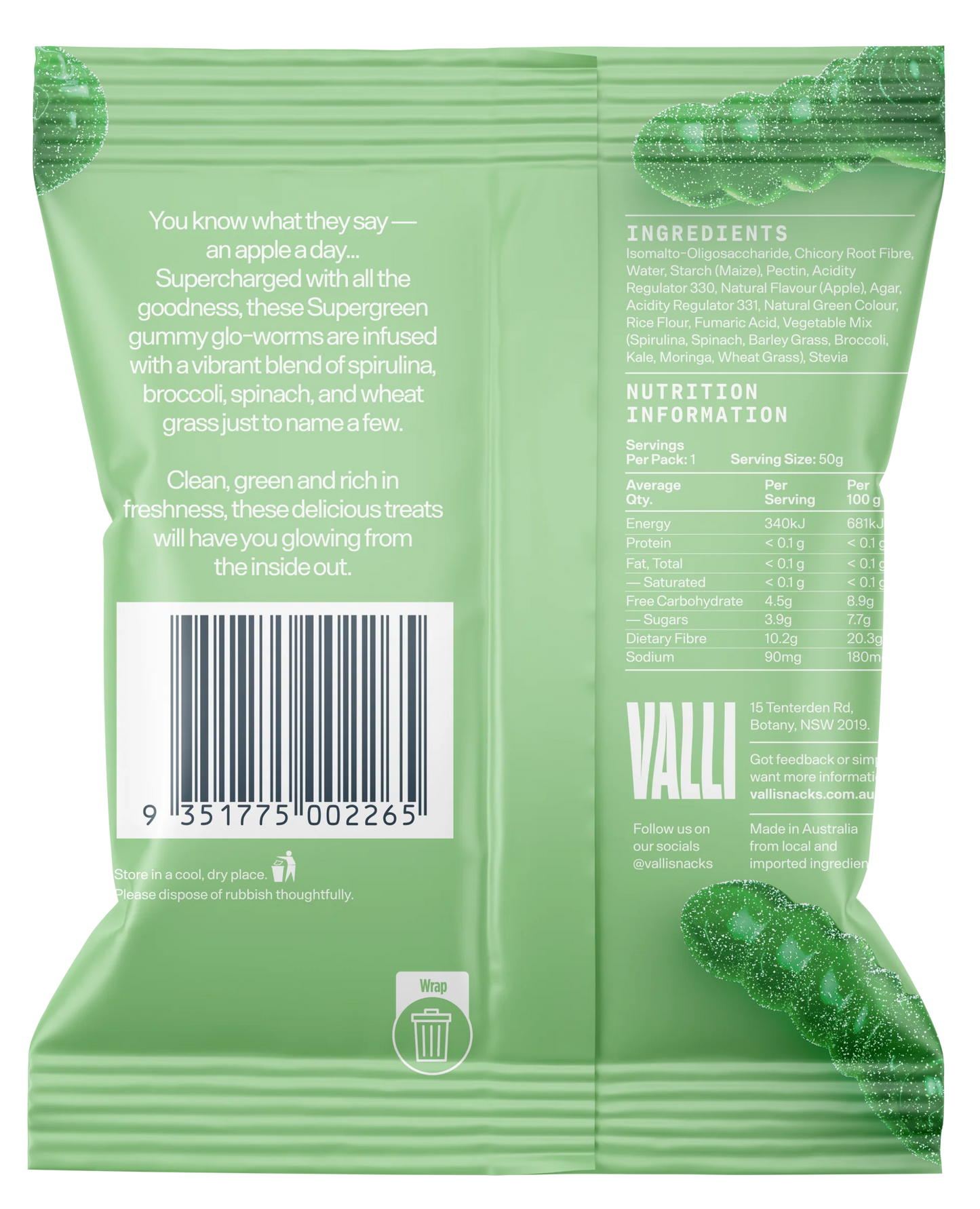 Valli Antioxidant Sour Apple Supergreen Glo-Worms 50g, With Prebiotic Fibre & No Added Sugar