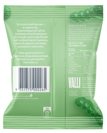 Valli Antioxidant Sour Apple Supergreen Glo-Worms 50g, With Prebiotic Fibre & No Added Sugar