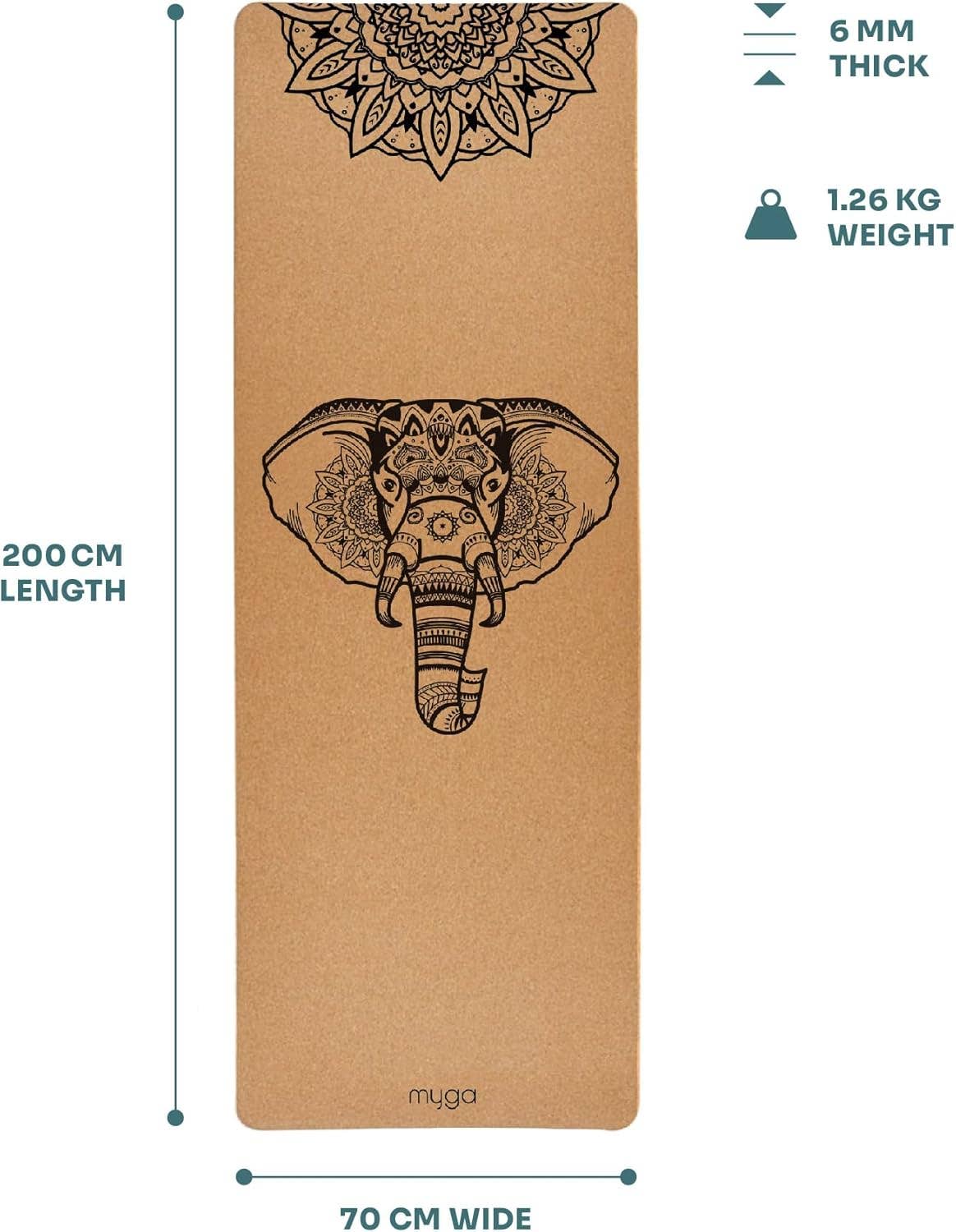 Myga Extra Large Cork Yoga Mat 205cm x 70cm, Elephant Design