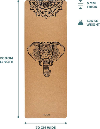 Myga Extra Large Cork Yoga Mat 205cm x 70cm, Elephant Design