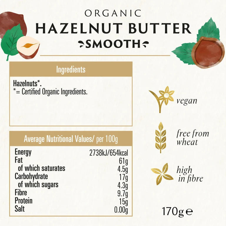 Biona Certified Organic Smooth Hazelnut Butter 170g, Free From Palm Oil