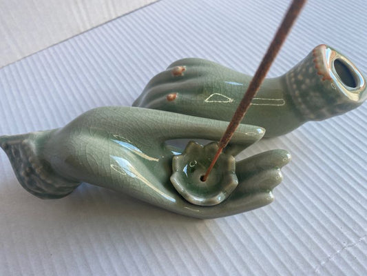 Tulsi Ceramic Lotus On Hand Incense Holder, 15cm
