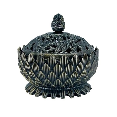 Brass Lotus Cone Holder With Lid, 6cm(h) x 5.5cm(w) x 5.5cm (d).