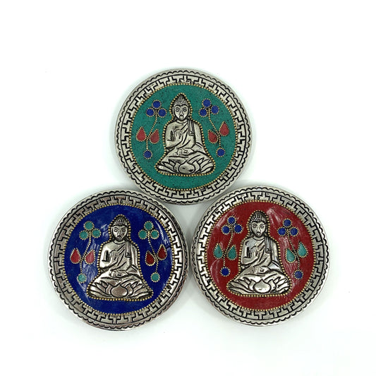 Metal Incense Holder Round Plate With Buddha Image (1), Colourful & Happy