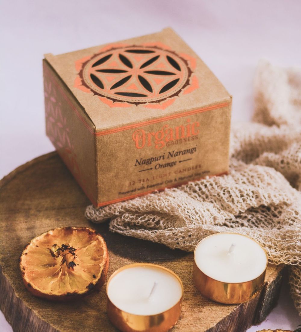 Song Of India Organic Goodness Nagpuri Narangi Orange 12 Tealight Candles, Bright & Fresh