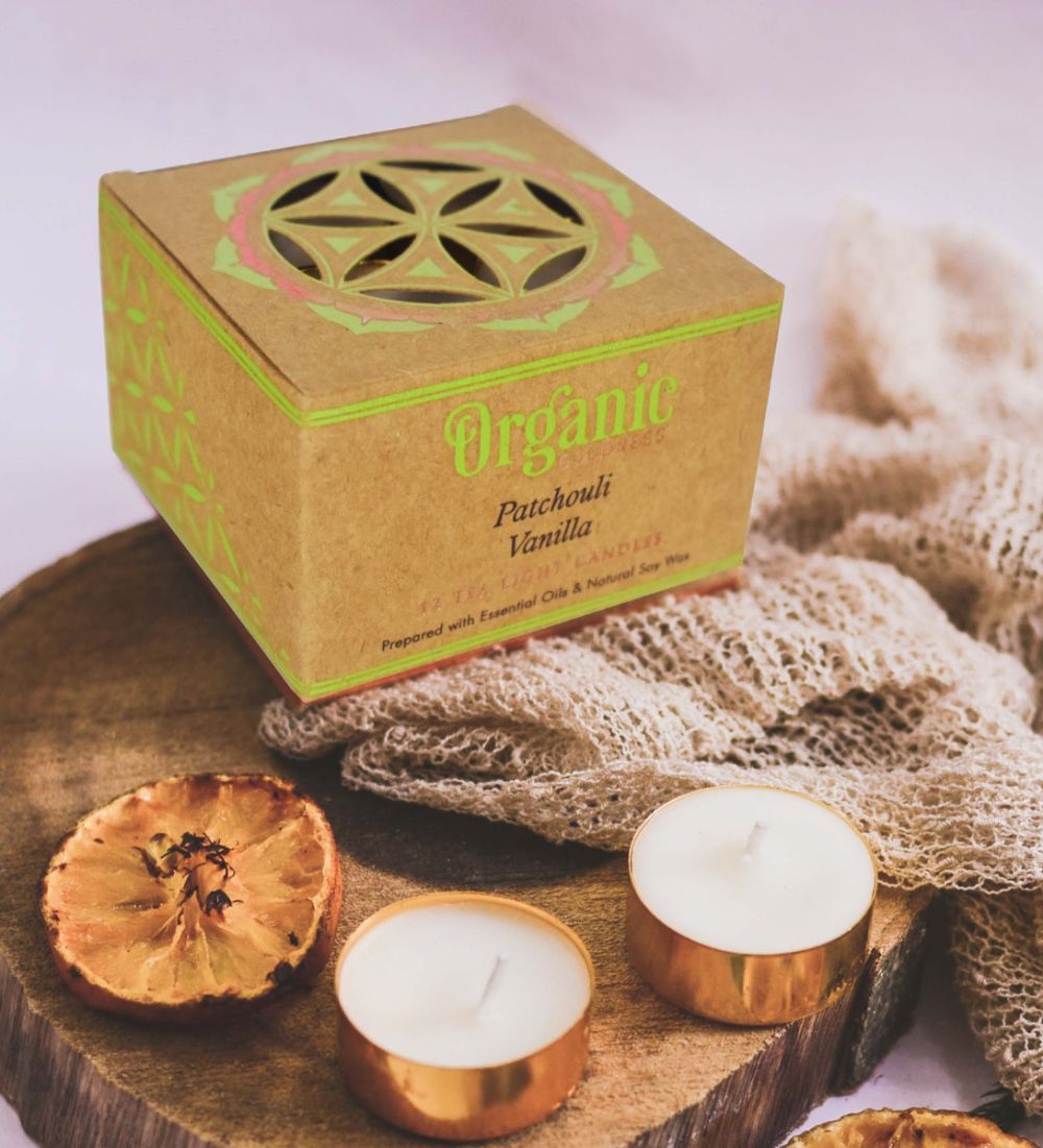 Song Of India Organic Goodness Patchouli Vanilla 12 Tealight Candles, Grounding & Calming