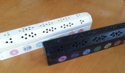 Wooden Incense & Cone Holder With A Chakra Pattern & A Storage Compartment, Black Or White Colour