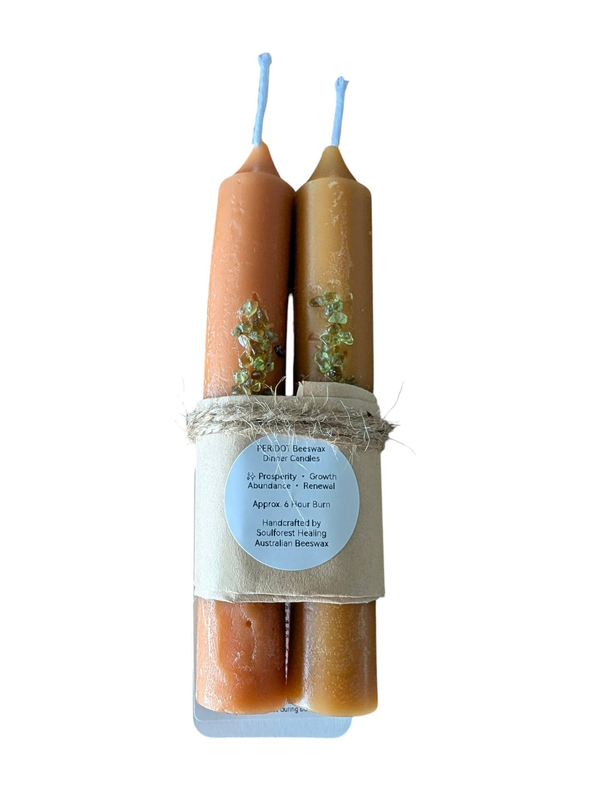 Soulforest Healing Peridot Beeswax Dinner Candle Pair 6 Hour Burn, Prosperity & Abundance