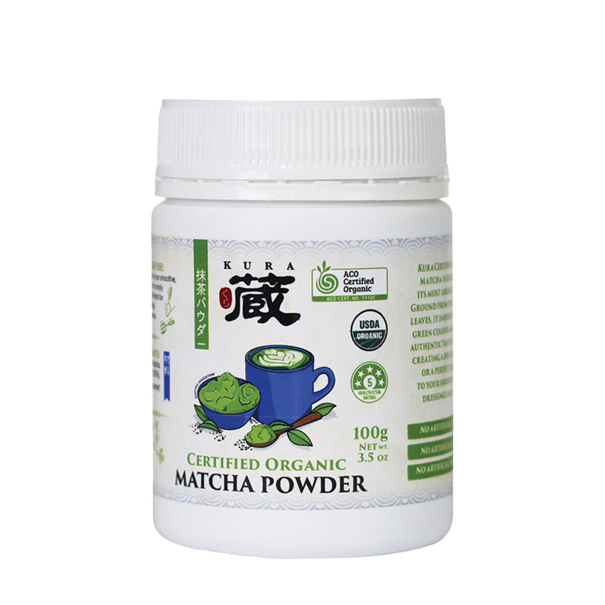 Kura Certified Organic Matcha Powder 100g, Beautifully Smooth