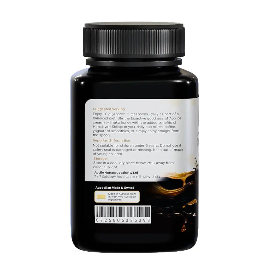 Apollo Australian Manuka Honey MGO 100+ With Himalayan Shilajit 250g, 25 Servings Per Jar