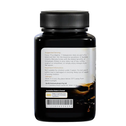 Apollo Australian Manuka Honey MGO 100+ With Himalayan Shilajit 250g, 25 Servings Per Jar
