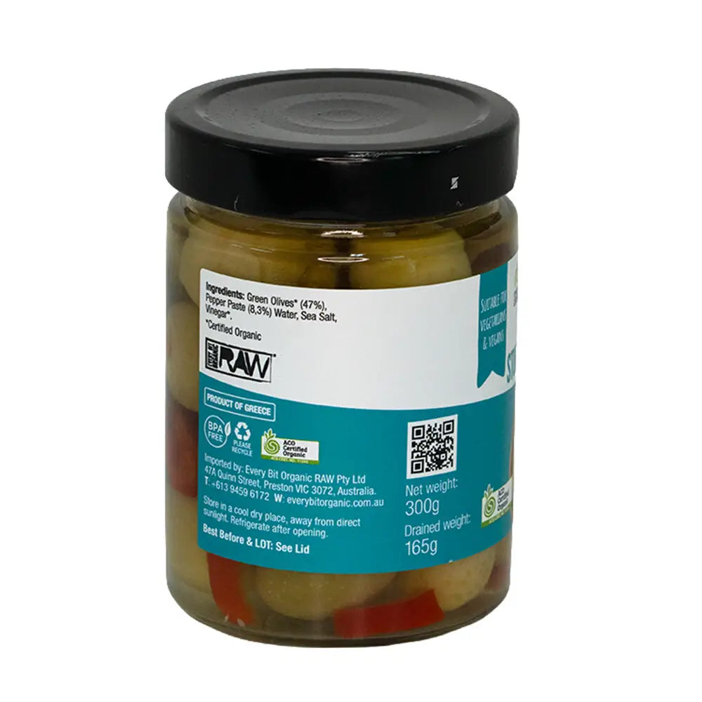 Every Bit Organic Green Olives Stuffed With Pepper 300g, Product Of Greece