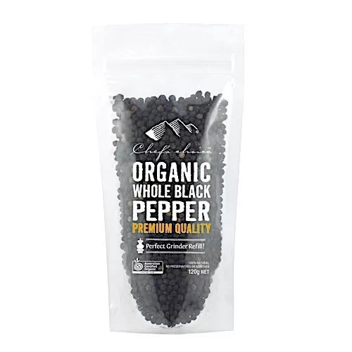 Chef’s Choice Certified Organic Whole Black Peppercorns 120g, Bold Aromatic Heat