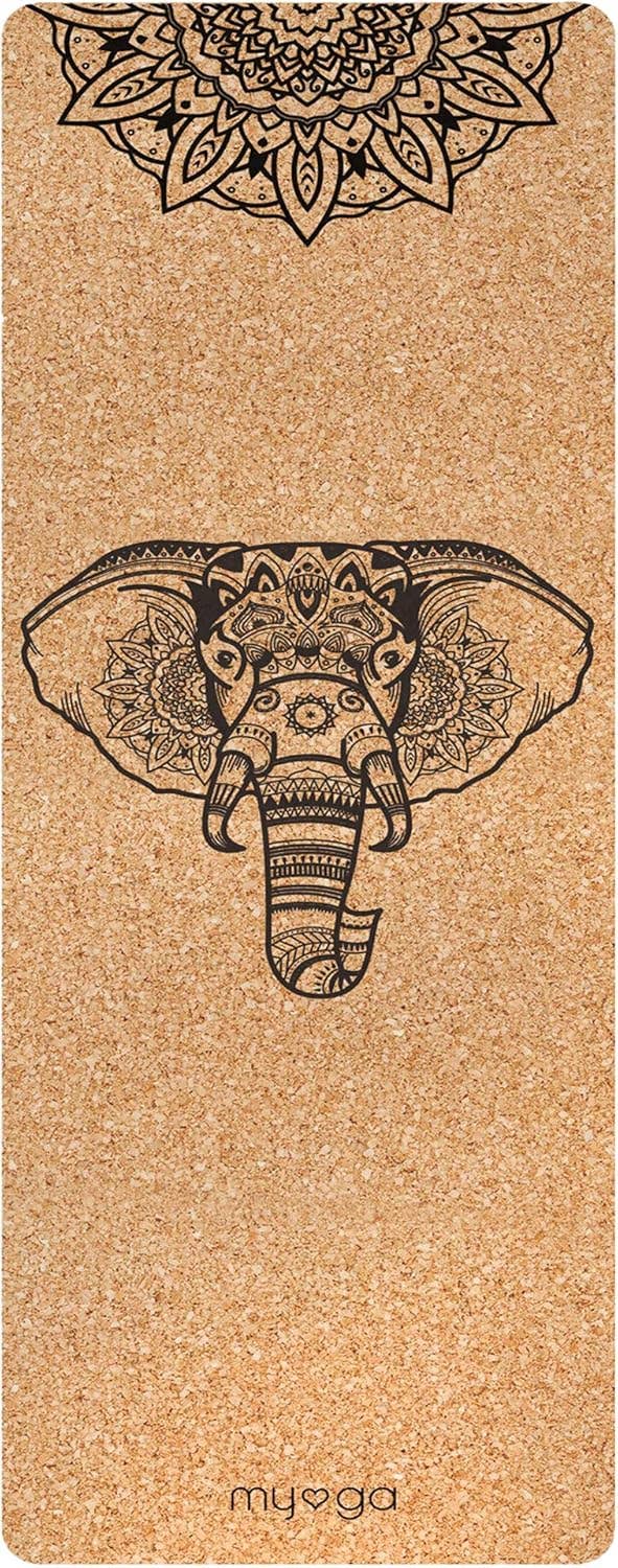 Myga Extra Large Cork Yoga Mat 205cm x 70cm, Elephant Design
