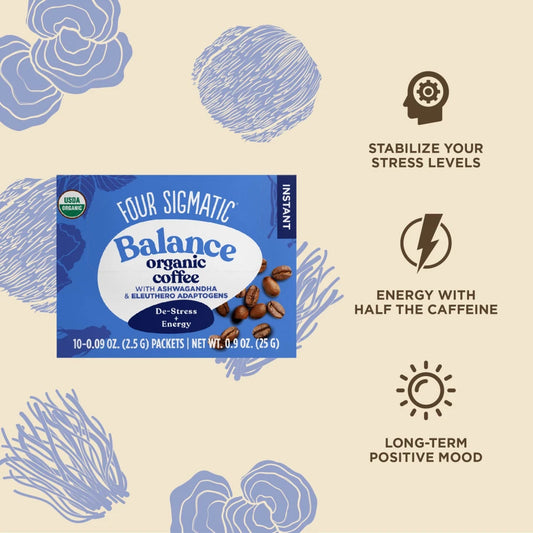 Four Sigmatic Adaptogen Instant Coffee Mix 10 Packets, Balance With Ashwagandha & Eleuthero Adaptogens
