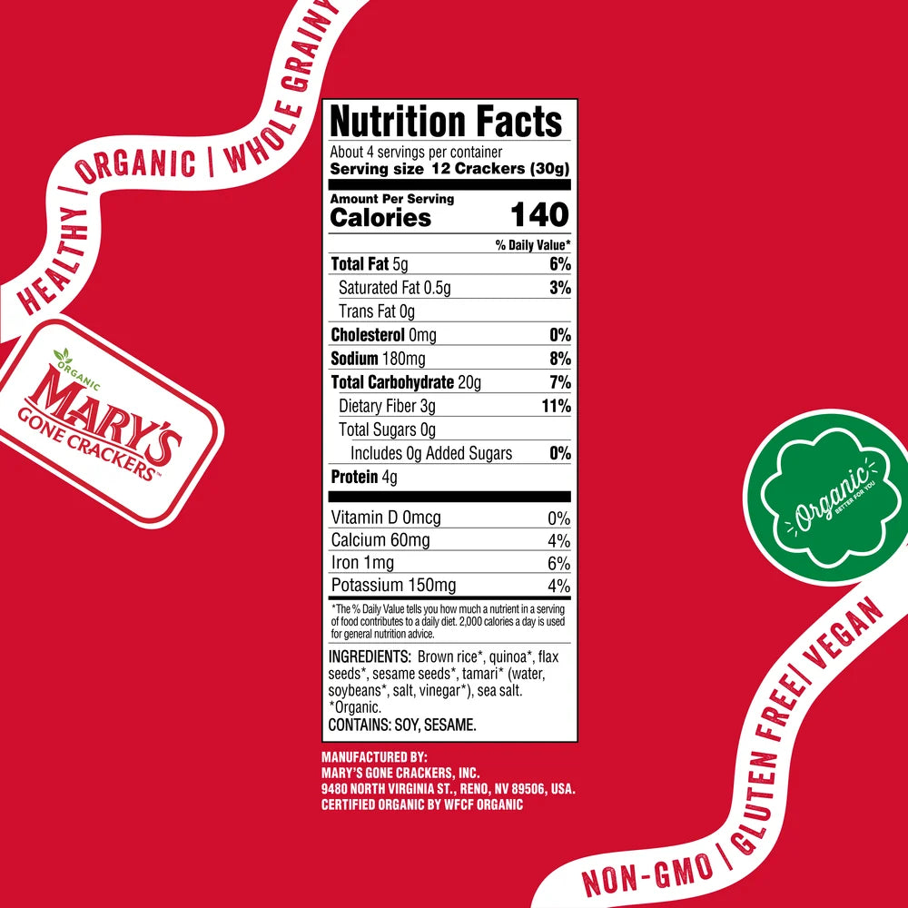 Mary's Gone Crackers Organic Crackers Original Flavour 113g, With Sesame Seeds & Brown Rice