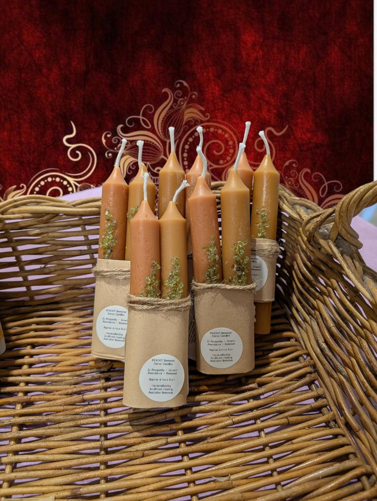 Soulforest Healing Peridot Beeswax Dinner Candle Pair 6 Hour Burn, Prosperity & Abundance