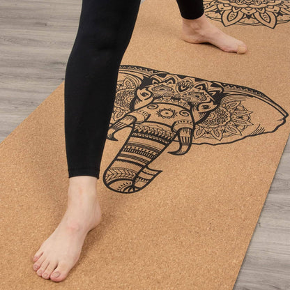 Myga Extra Large Cork Yoga Mat 205cm x 70cm, Elephant Design