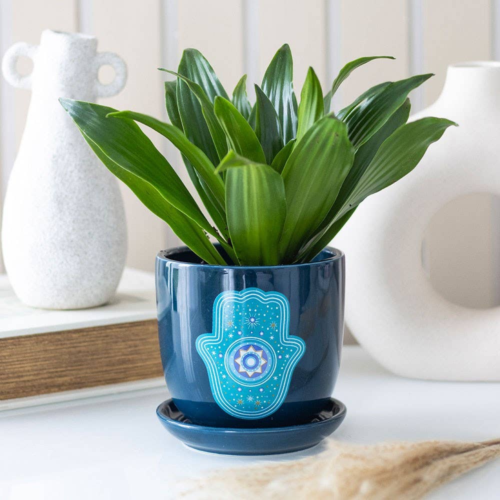 Blue Hand Of Hamsa Ceramic Plant Pot, For A Touch Of Spirituality