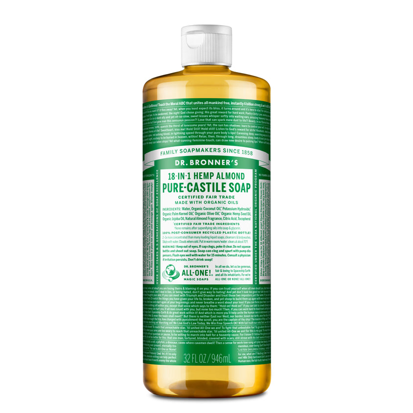 Dr Bronner's Organic 18-in-One Hemp Pure Castile Liquid Soap 59ml, 237ml, 473ml Or 946ml, Almond