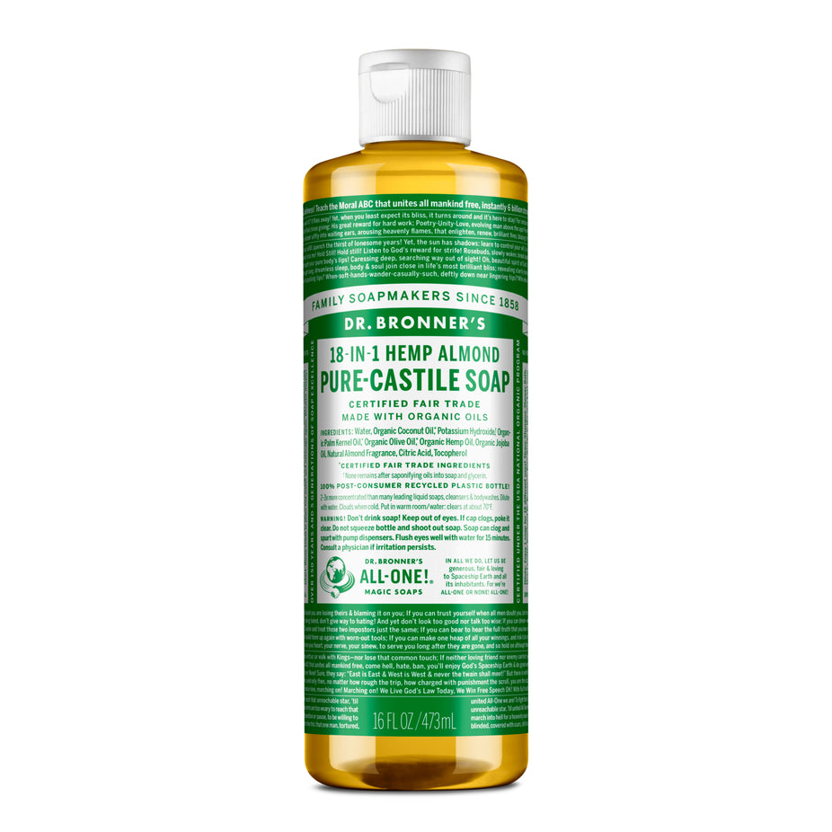 Dr Bronner's Organic 18-in-One Hemp Pure Castile Liquid Soap 59ml, 237ml, 473ml Or 946ml, Almond