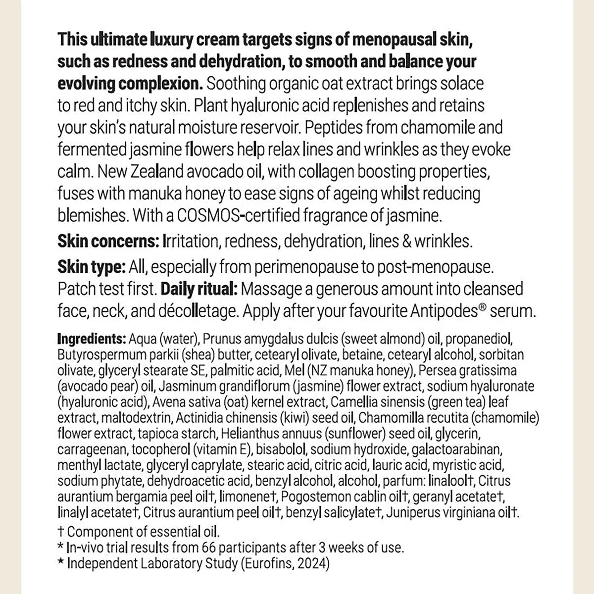 Antipodes Jasmine Flower Menopause Facial Cream 60ml, Cooling Comfort Hydration