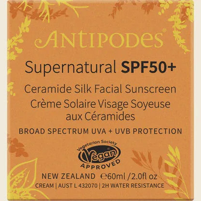 Antipodes Supernatural SPF50+ Ceramide Silk Sunscreen 60ml, Daily UV Defence & Barrier Support