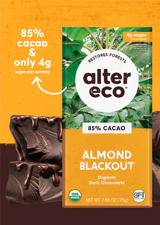 Alter Eco Chocolate 75g, Dark Almond Blackout Flavour 85% Cacao, Certified Organic