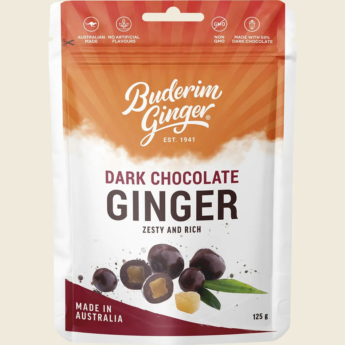 Buderim Ginger Dark Chocolate Ginger 40g or 125g, Zesty, Rich & Indulgent