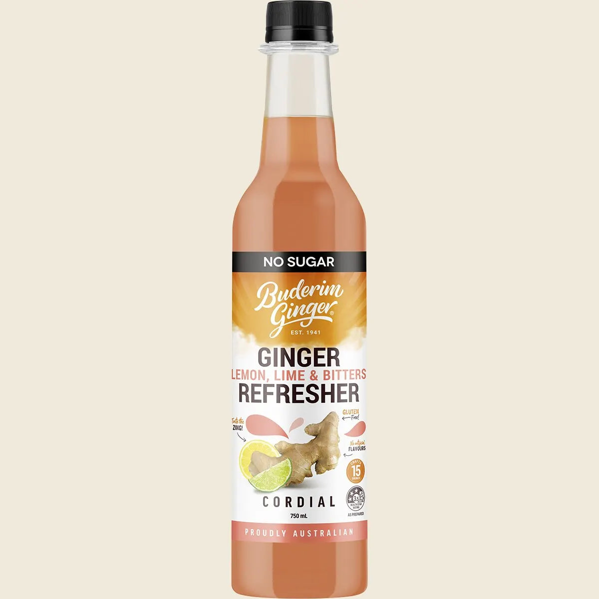 Buderim Ginger Lemon, Lime & Bitter Refresher Cordial No Sugar 750ml, Zesty Sugar-Free Sipper